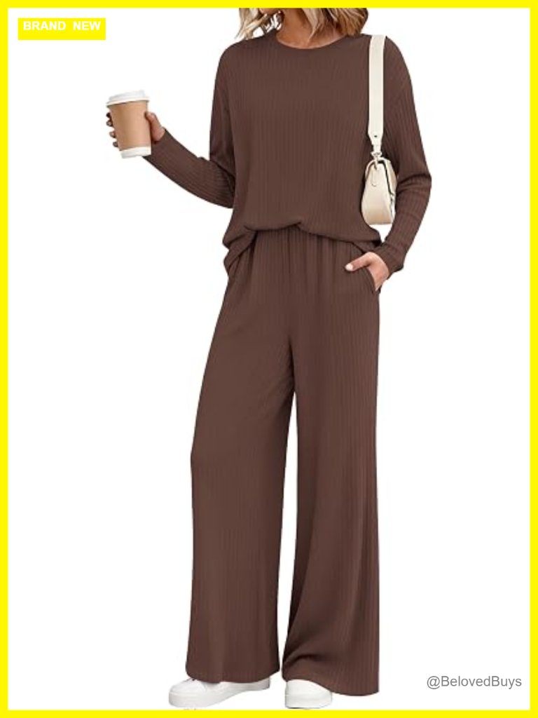 Ribbed Knit Lounge Set 2 Piece Long Sleeve Top Wide Leg Pants